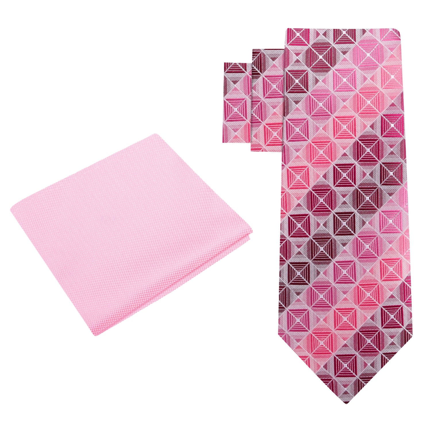 Alt View: Shades of Pink and Red Geometric Blocks Necktie and Pink Pocket Square