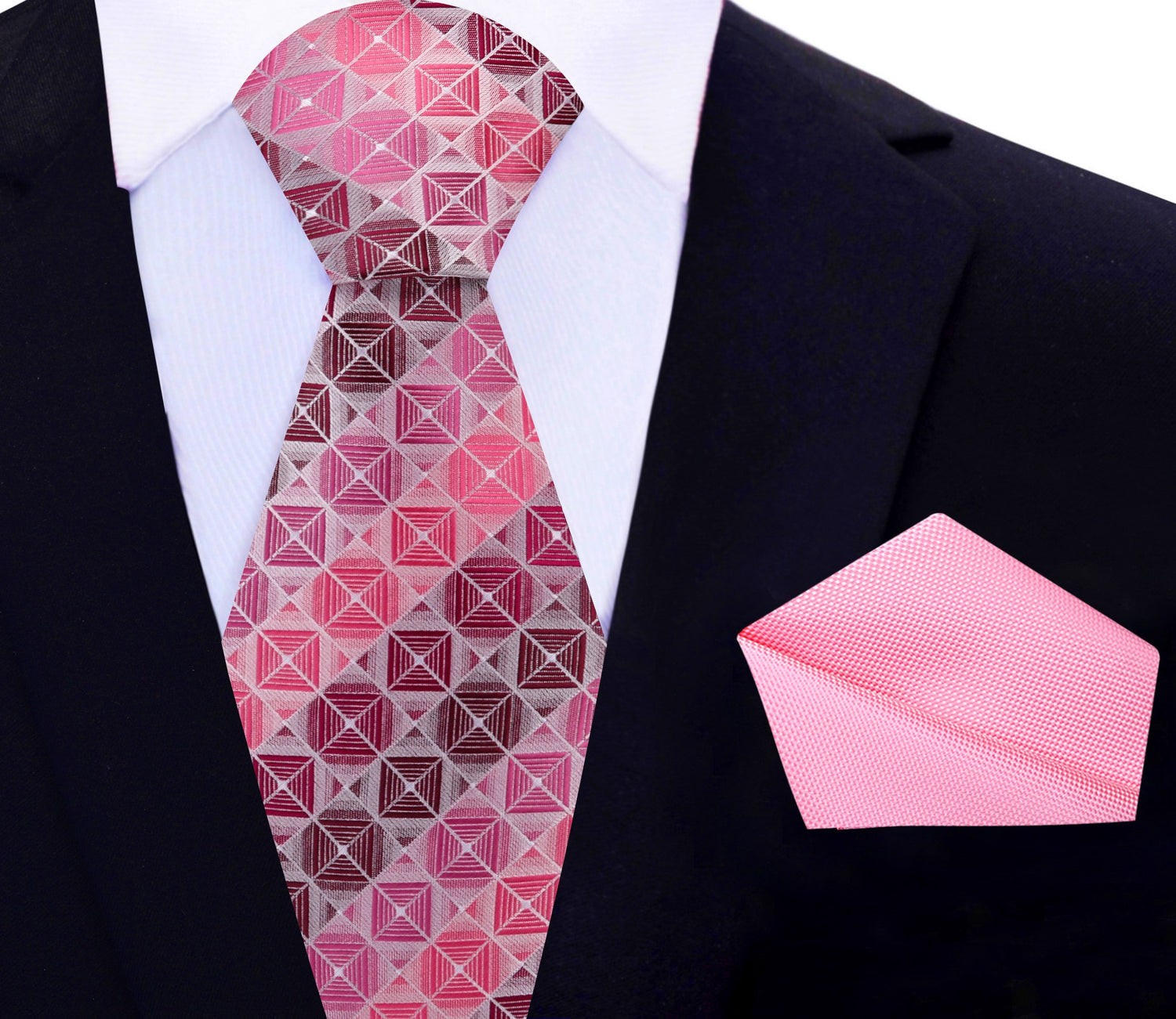 Shades of Pink and Red Geometric Blocks Necktie and Pink pocket Square