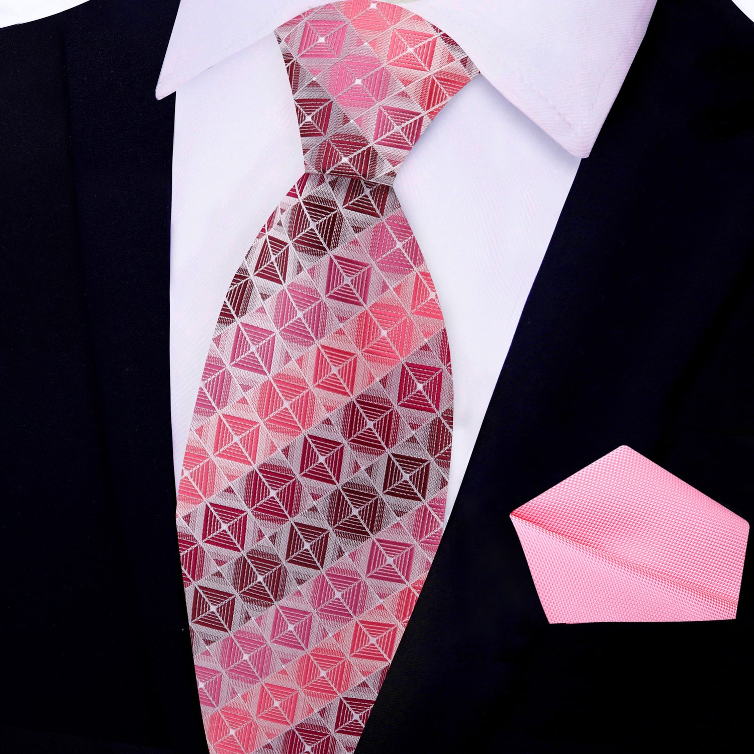 View 2: Shades of Pink and Red Geometric Blocks Necktie and Pink Pocket Square
