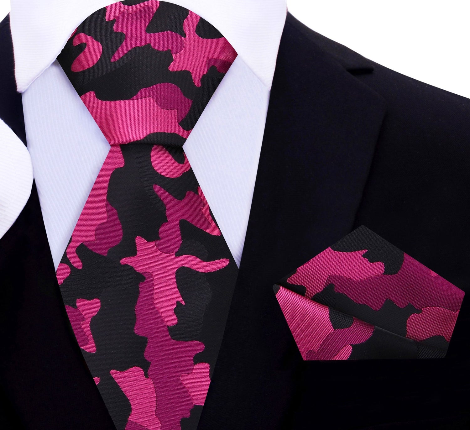 A Pink, Dark Pink, Black Color Camouflage Fleck Pattern Silk Necktie, Matching Pocket Square