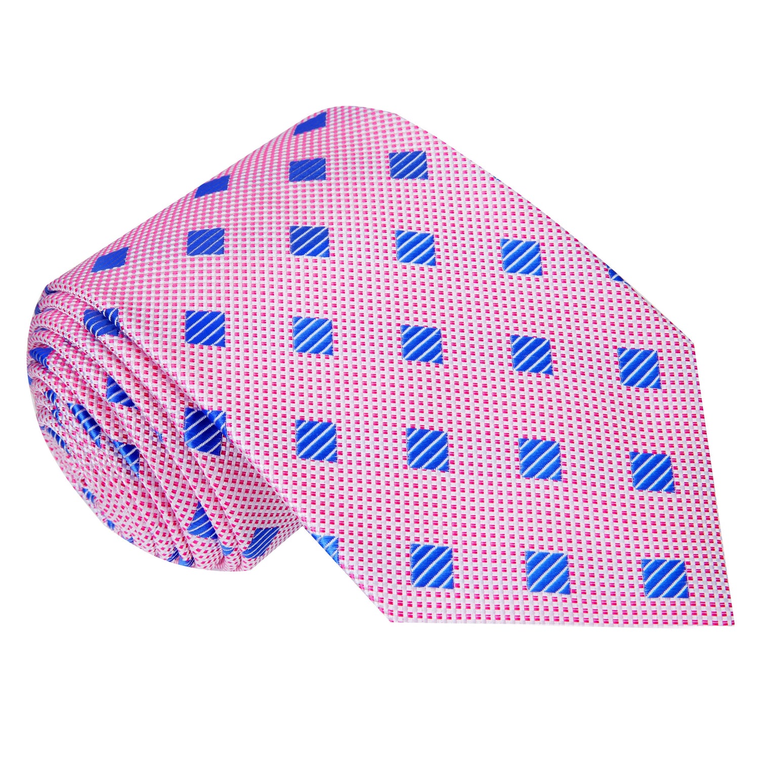 A Pink, Blue Geometric Diamond Pattern Silk Necktie 