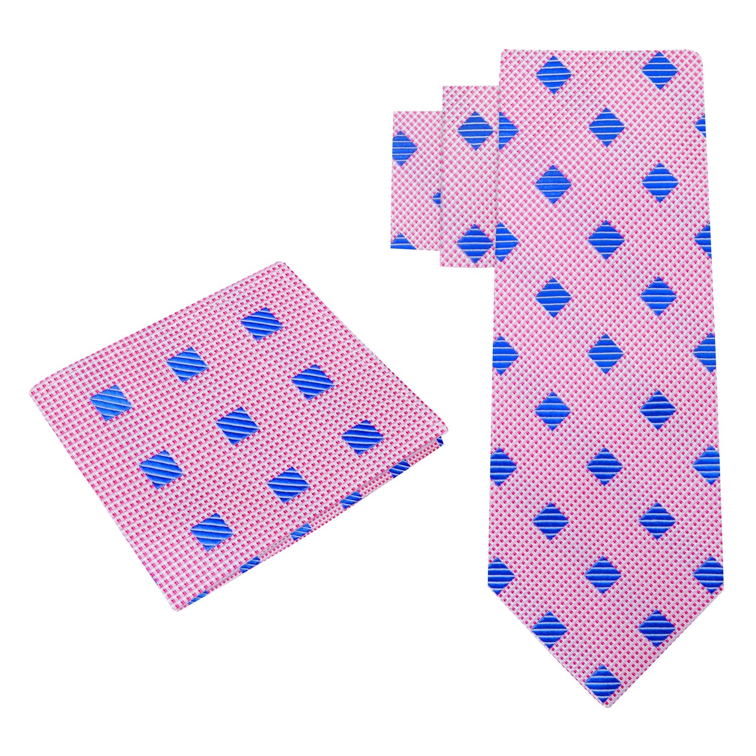 Alt View: A Pink, Blue Geometric Diamond Pattern Silk Necktie, Matching Pocket Square