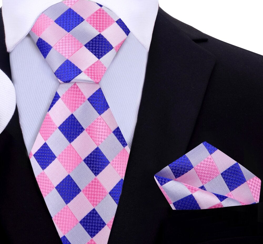 A Pink, Blue Check Pattern Silk Necktie, Matching Pocket Square 