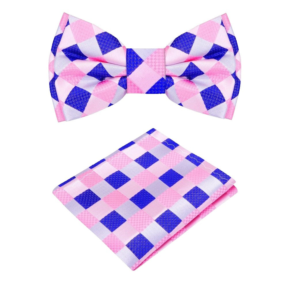 A Pink, Blue Geometric Pattern Silk Pre Tied Bow Tie, Matching Pocket Square