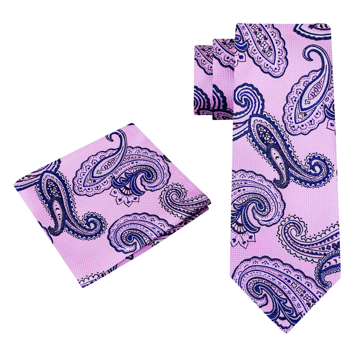 Alt View: A Pink, Blue Paisley Pattern Silk Necktie, Matching Pocket Square