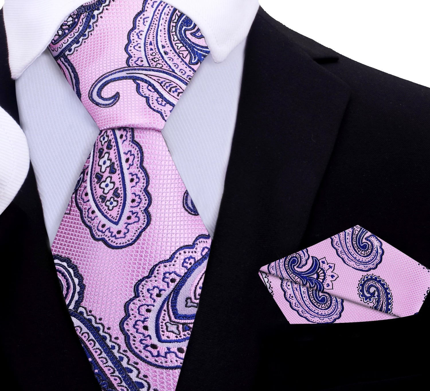 A Pink, Blue Paisley Pattern Silk Necktie, Matching Pocket Square