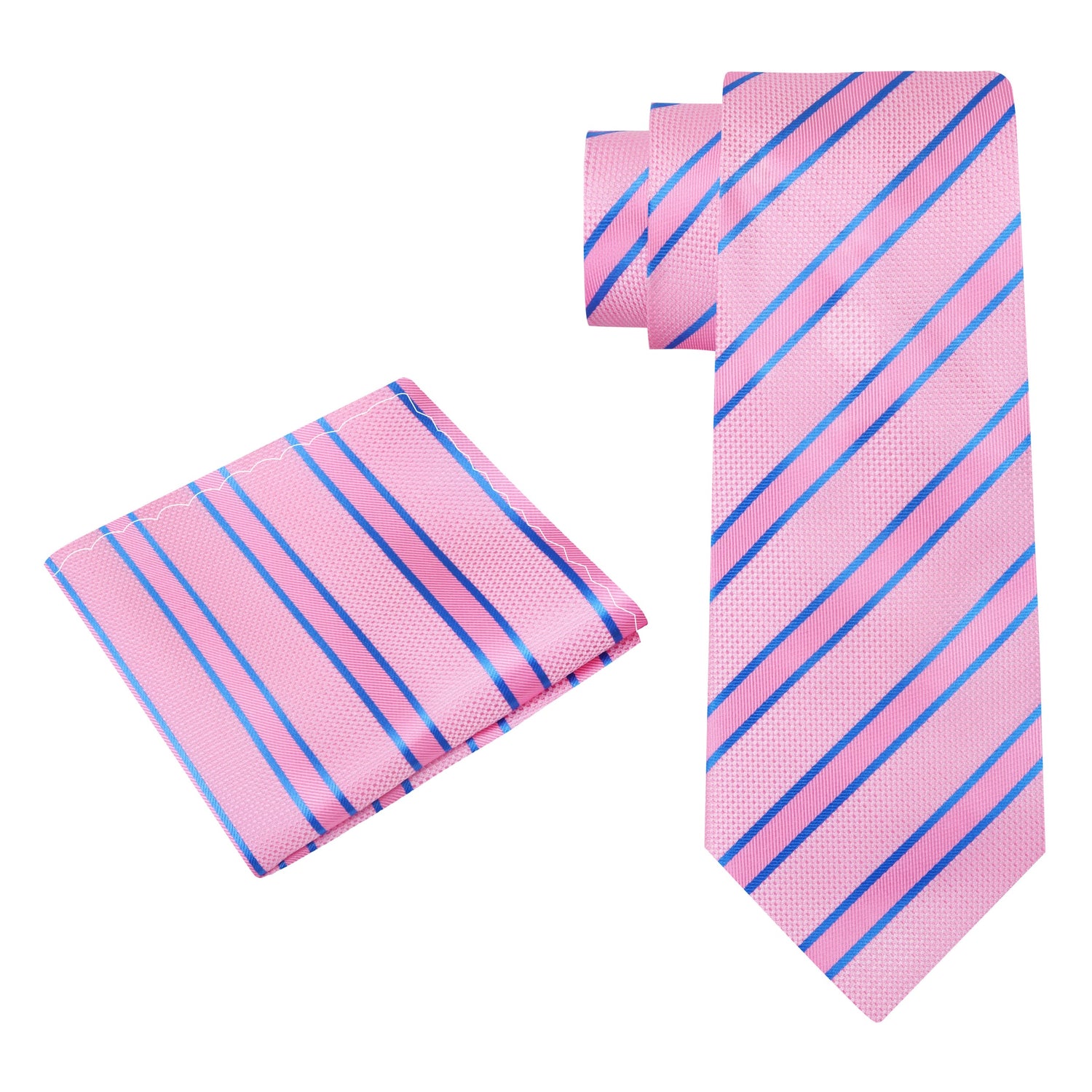 Alt View: A Pink, Light Blue Stripe Pattern Silk Necktie, Pocket Square 