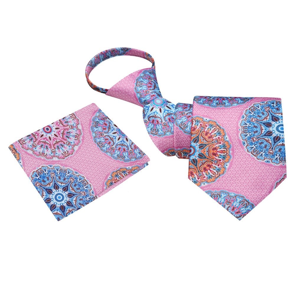 Zipper Pink, Light Blue, Orange Abstract Tie and Pocket Square