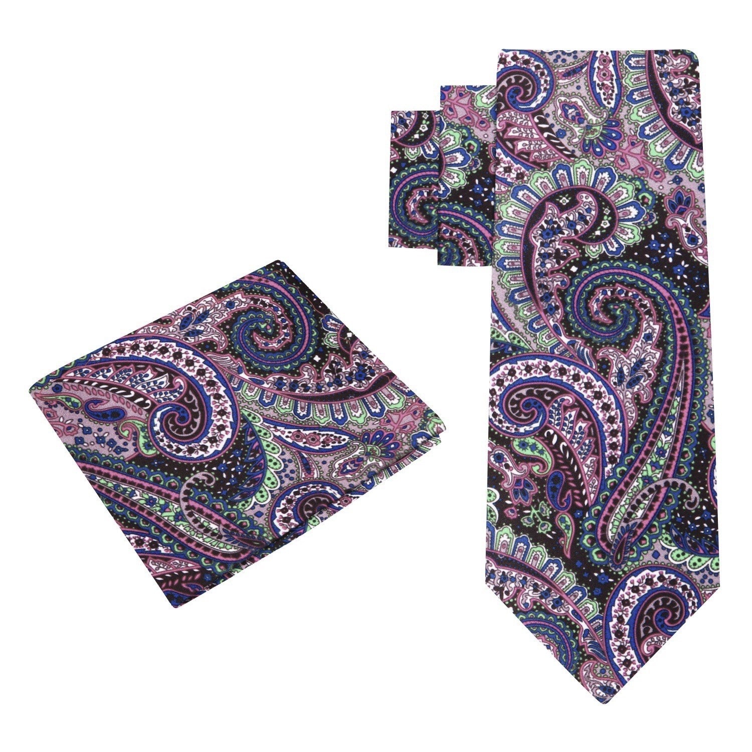 View 2 Purple, Green, Brown Intricate Paisley Tie and Pocket Square
