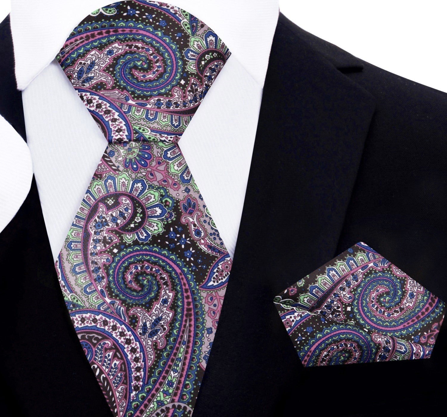 Purple, Green, Brown Intricate Paisley Tie and Pocket Square