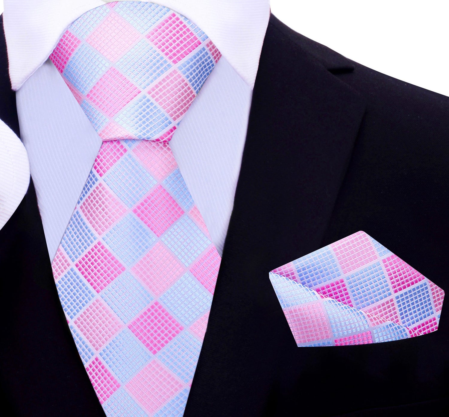 Light Pink, Light Blue Diamond Tie and Pocket Square