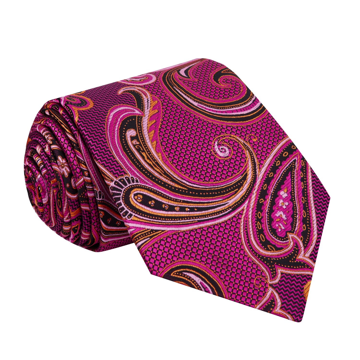  Pink, Orange, Black Color Paisley Pattern Silk Necktie 