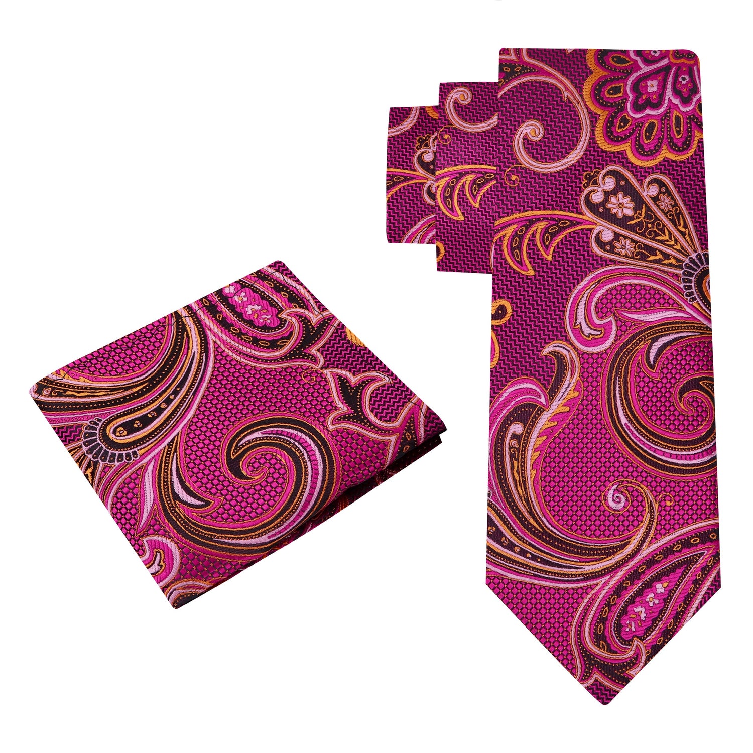 Alt View:  Pink, Orange, Black Color Paisley Pattern Silk Necktie, Matching Pocket Square