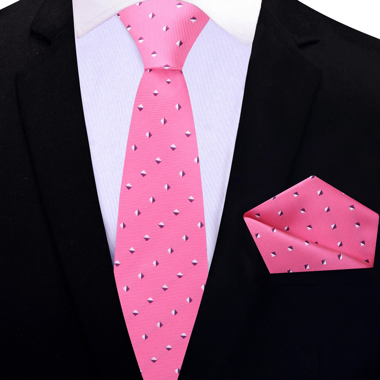 Pink, White Geometric Thin Tie and Pocket Square