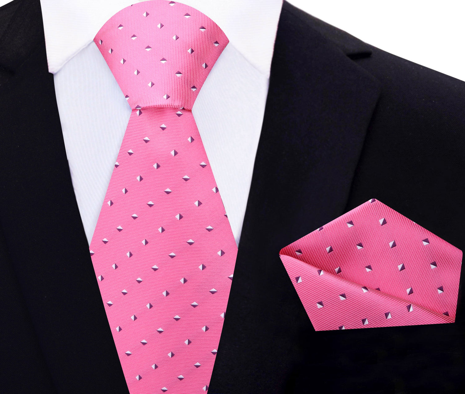 Pink, White Geometric Tie and Pocket Square