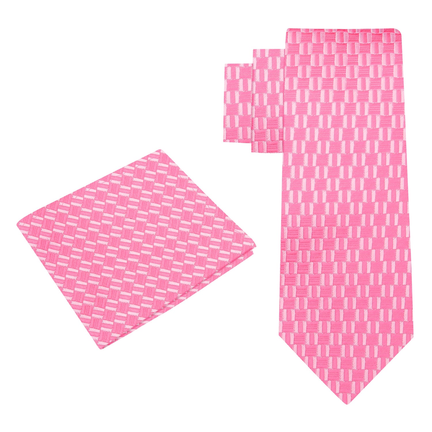 Alt View: A Pink, White Geometric Squares Pattern Silk Necktie, Matching Pocket Square