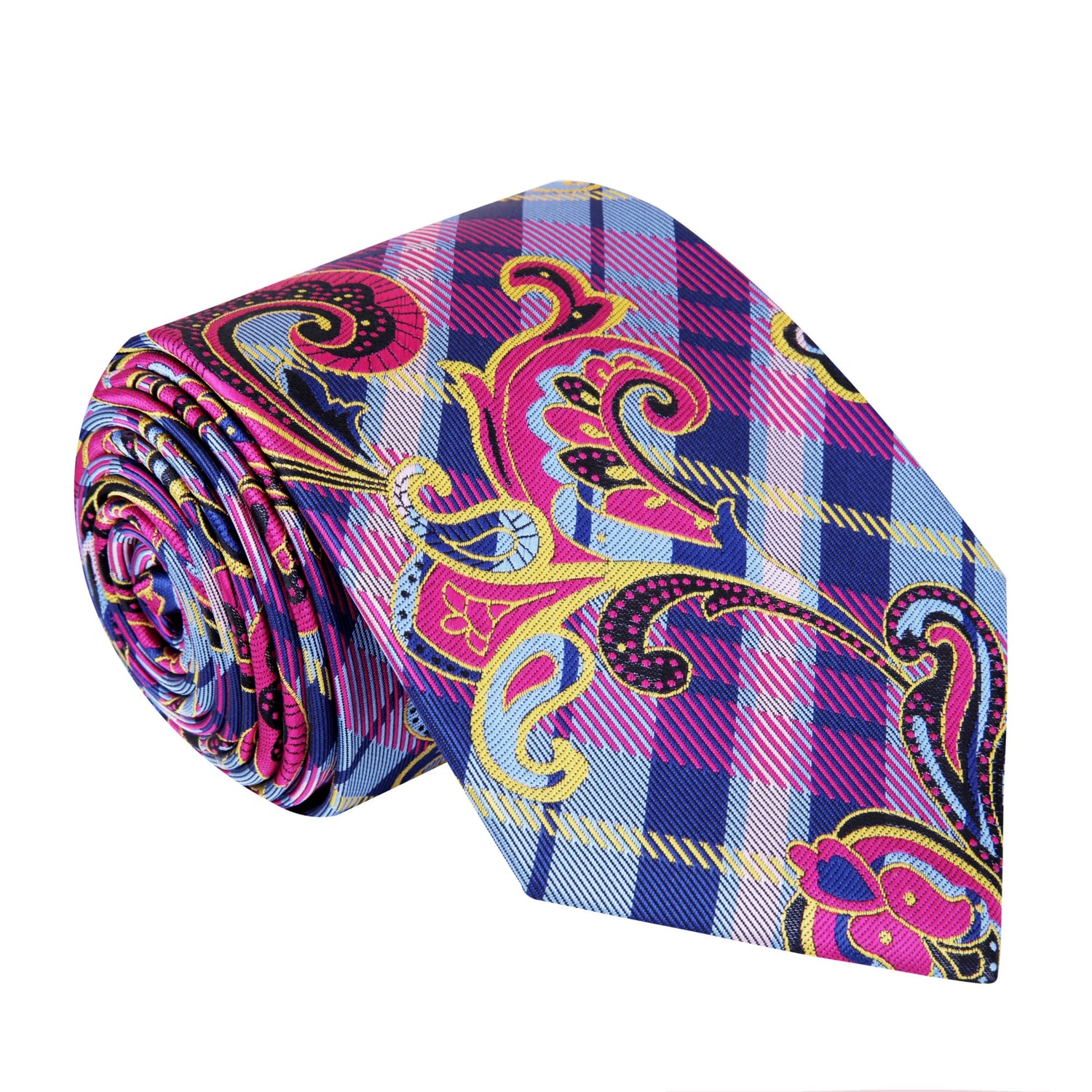 A Pink, Blue, Yellow Plaid and Paisley Pattern Silk Necktie 