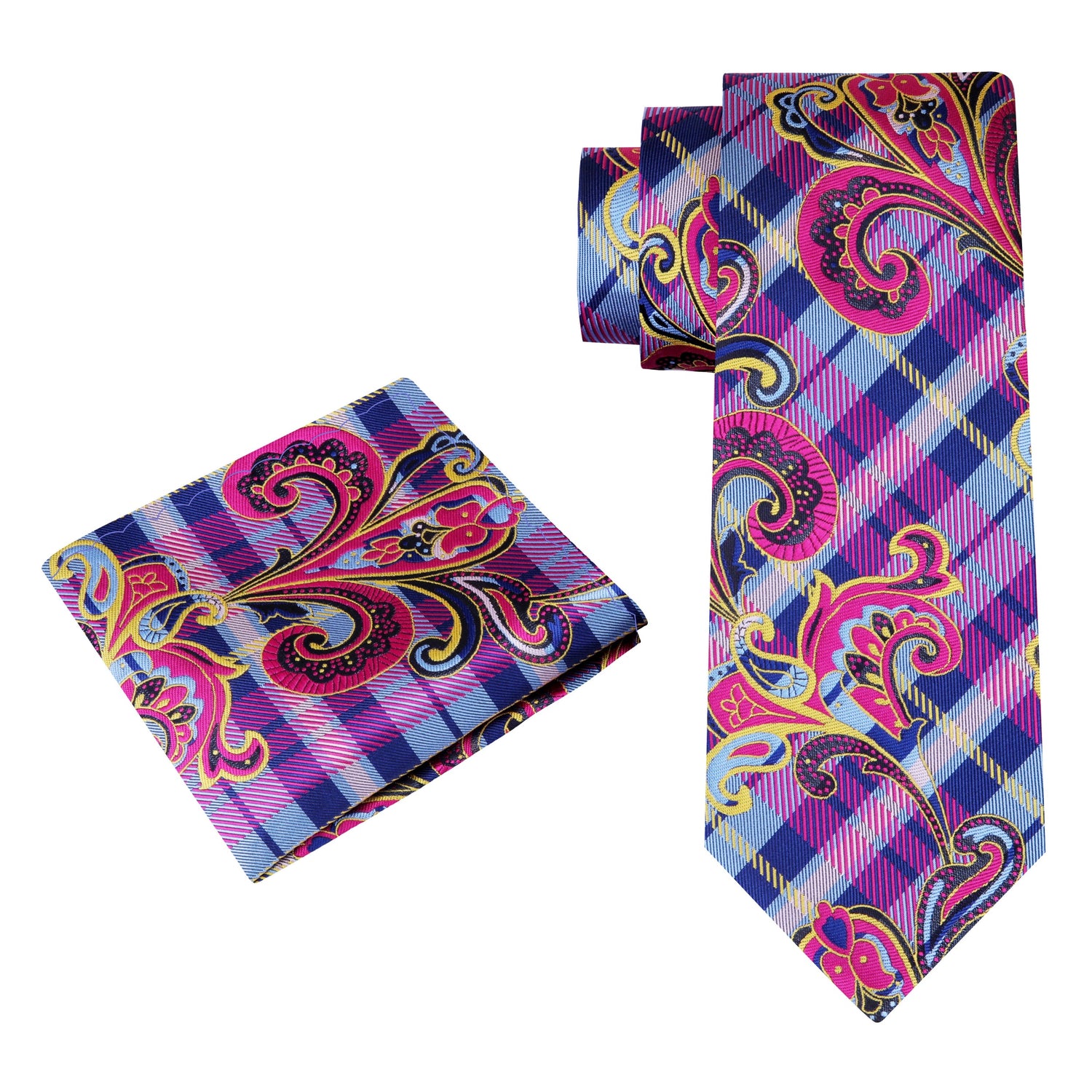 View 2: A Pink, Blue, Yellow Plaid and Paisley Pattern Silk Necktie, With Matching Pocket Square