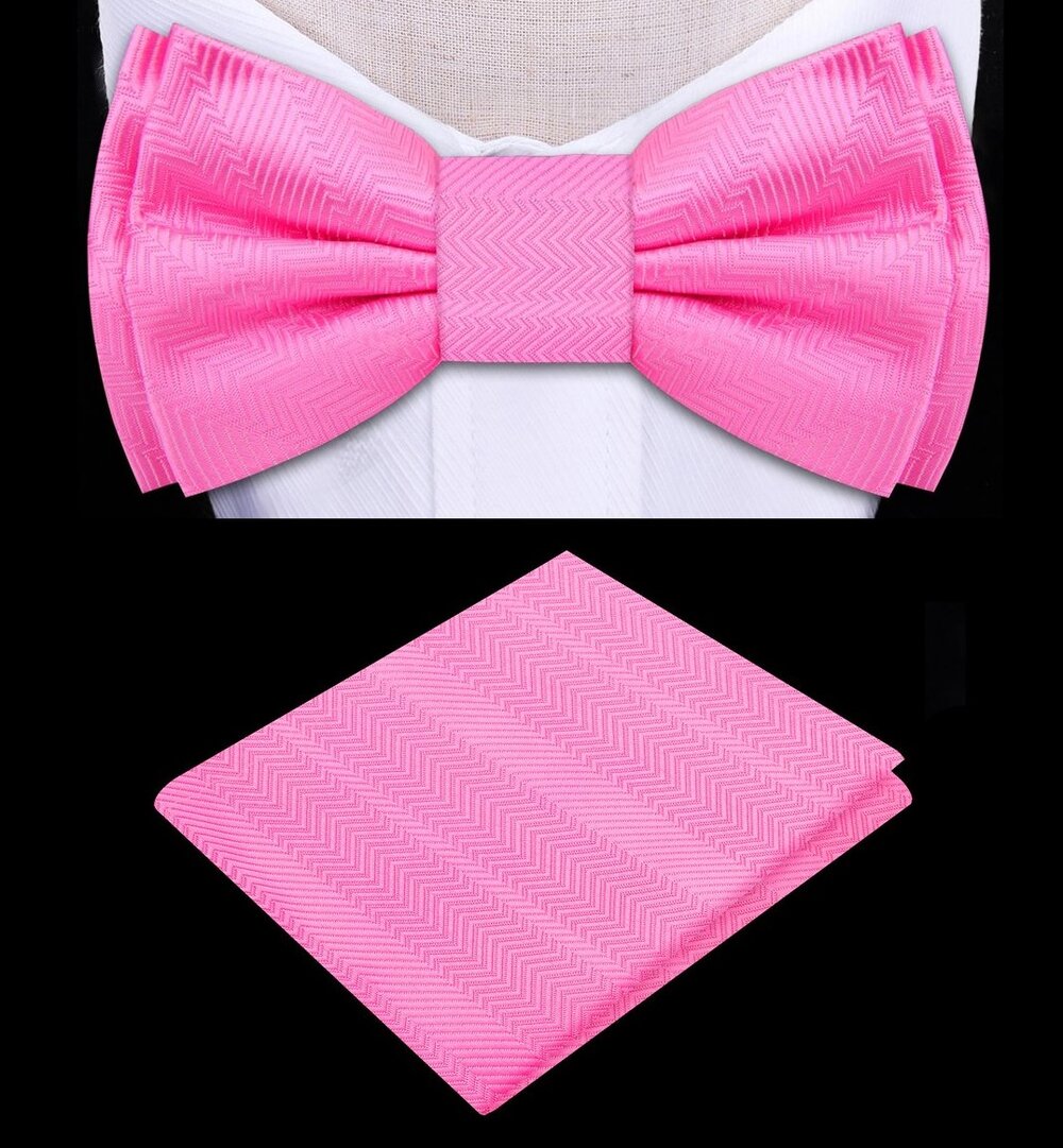 A Solid Pink Color with Lined Texture Pattern Silk Kids Pre-Tied Bow Tie, Matching Pocket Square