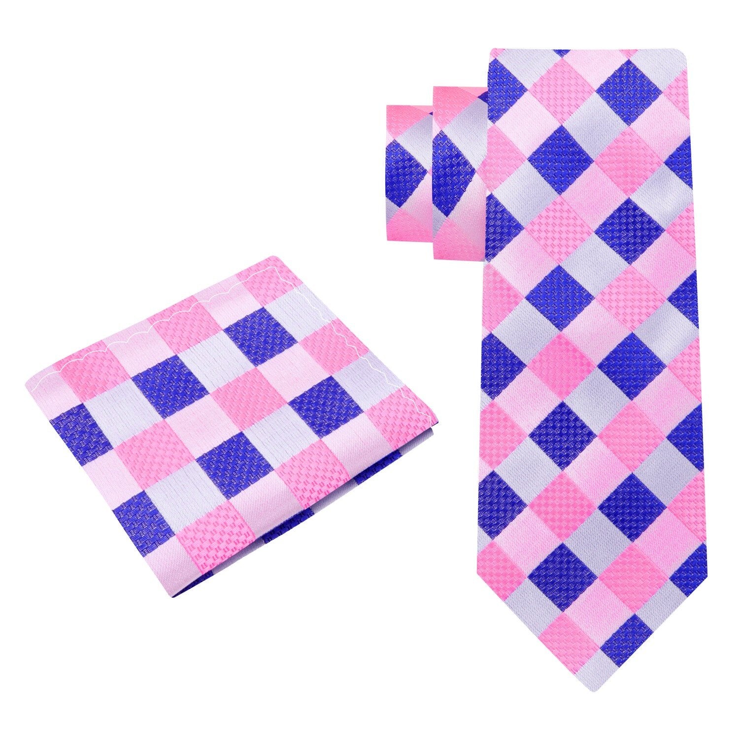 Alt View: A Pink, Blue Check Pattern Silk Necktie, Matching Pocket Square
