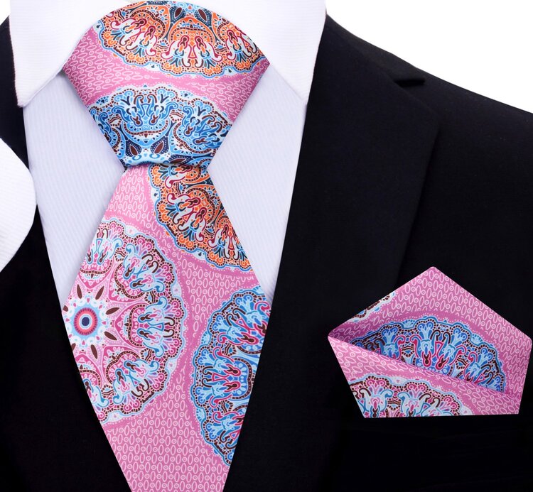 Main View: Self Tie Pink, Light Blue, Orange Abstract Tie and Pocket Square