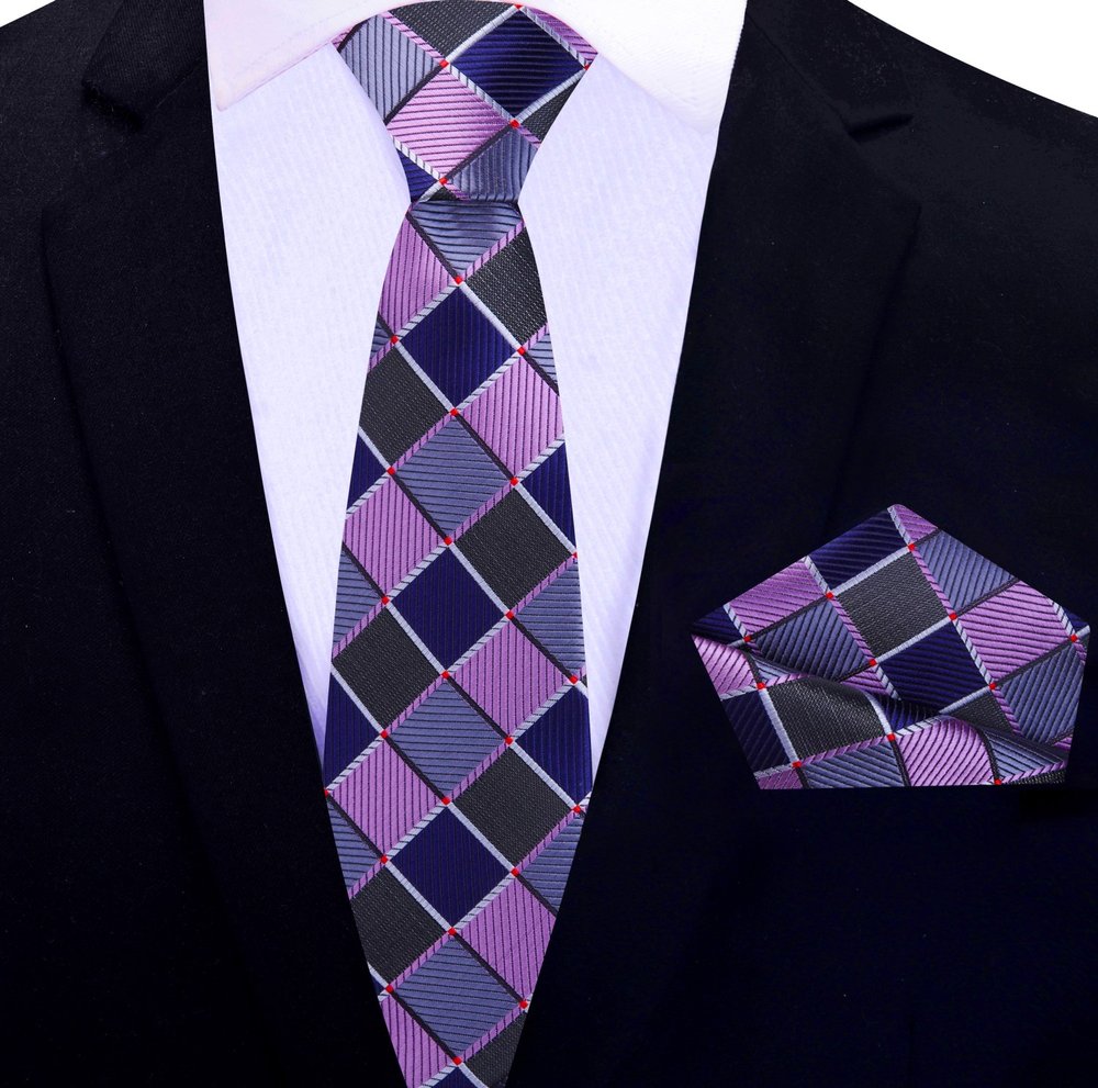 Pink Geometric Thin Tie and Pocket Square||Pink