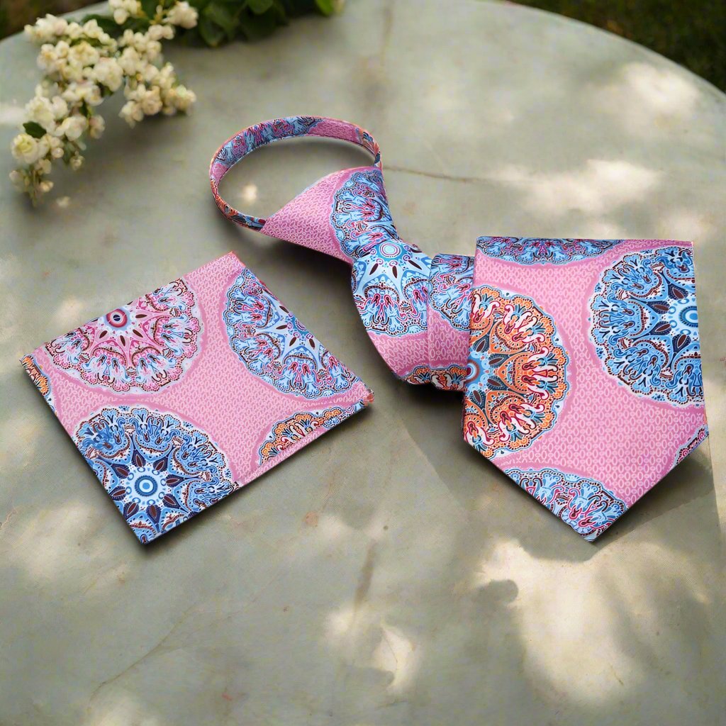 Zipper Pink, Light Blue, Orange Abstract Tie and Pocket Square