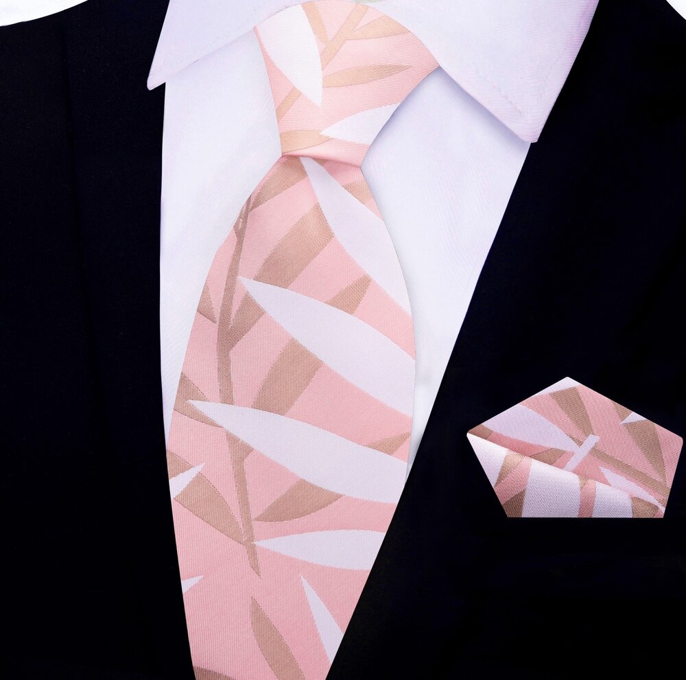 Light Pink, Salmon, Light Brown Sketched Leaves Tie and Pocket Square