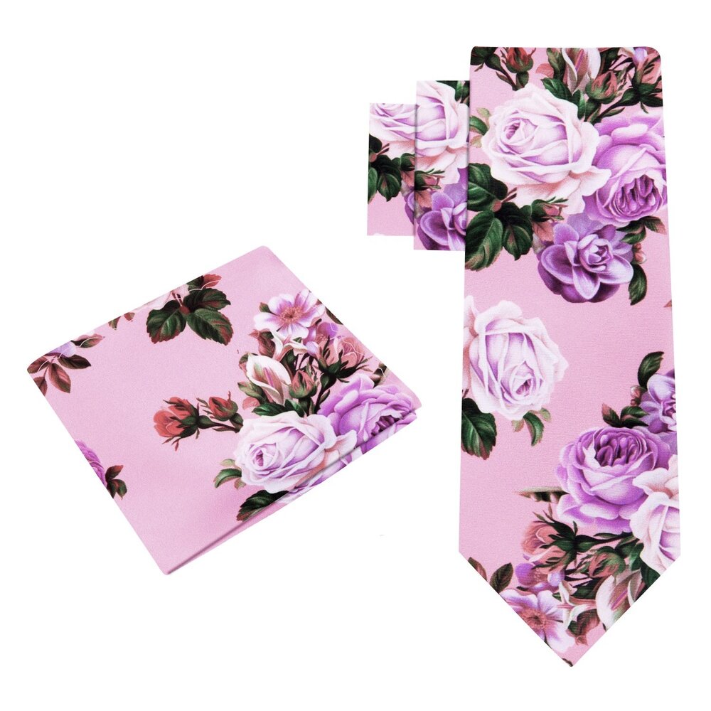 A Pink, Purple, Burgundy, Mauve Bold Roses With Leaves Pattern Silk Necktie Set, Matching Pocket Square ||Taffy Pink with Soft Purple, Burgundy Mauve Floral