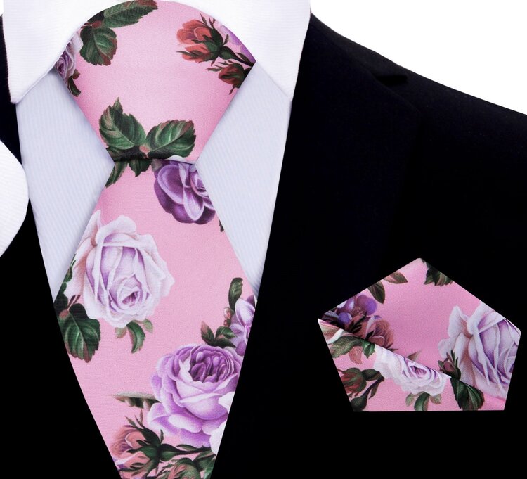 Main View: A Pink, Purple, Burgundy, Mauve Bold Roses With Leaves Pattern Silk Necktie Set, Matching Pocket Square