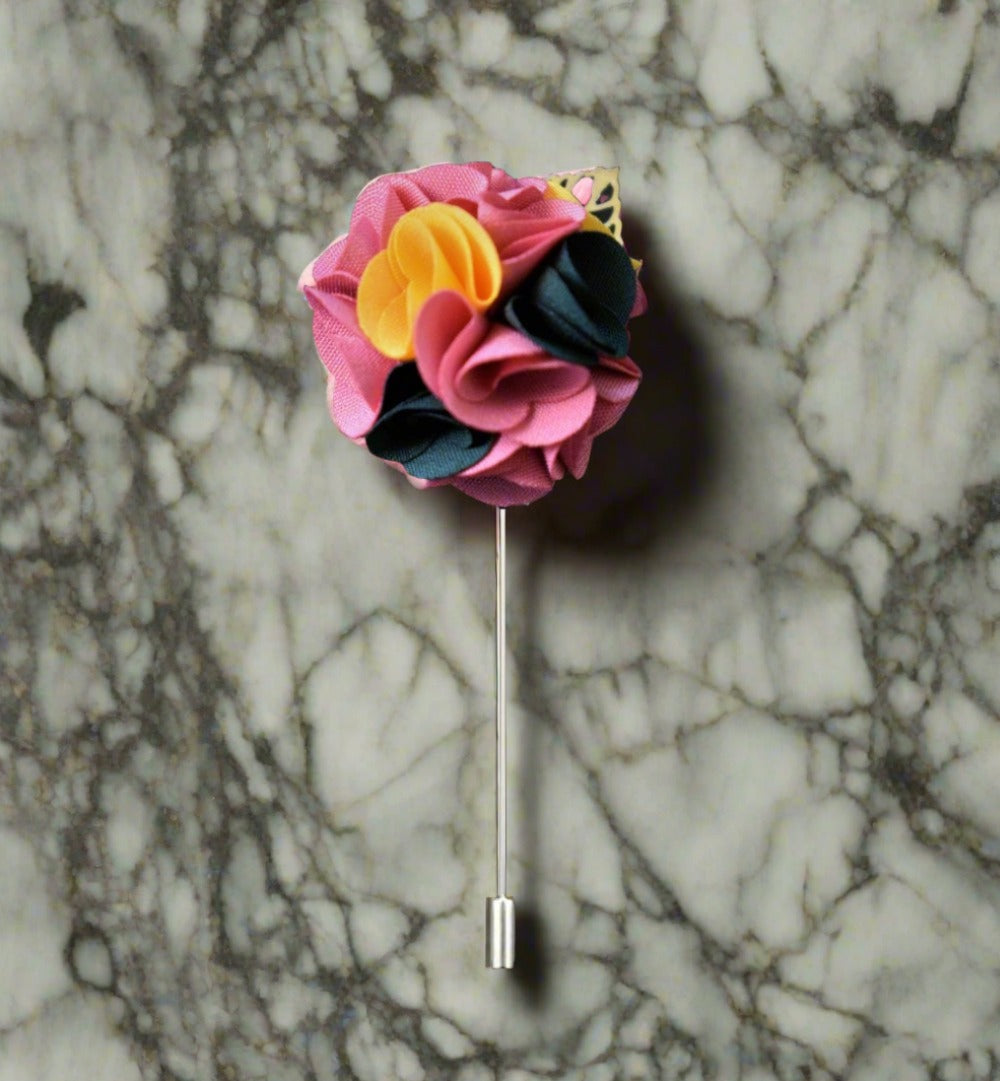 A Pink, yellow, Black Detailed Lapel Flower With Gold Colored Metal Leaf Lapel Pin||Pink, Yellow, Black