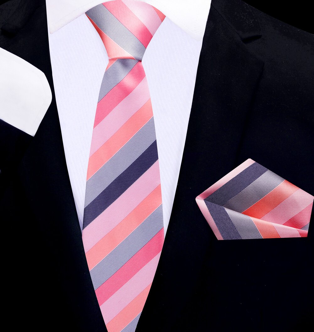 thin tie peach pink stripe tie and square||Peach, Pink, Smoke Purple