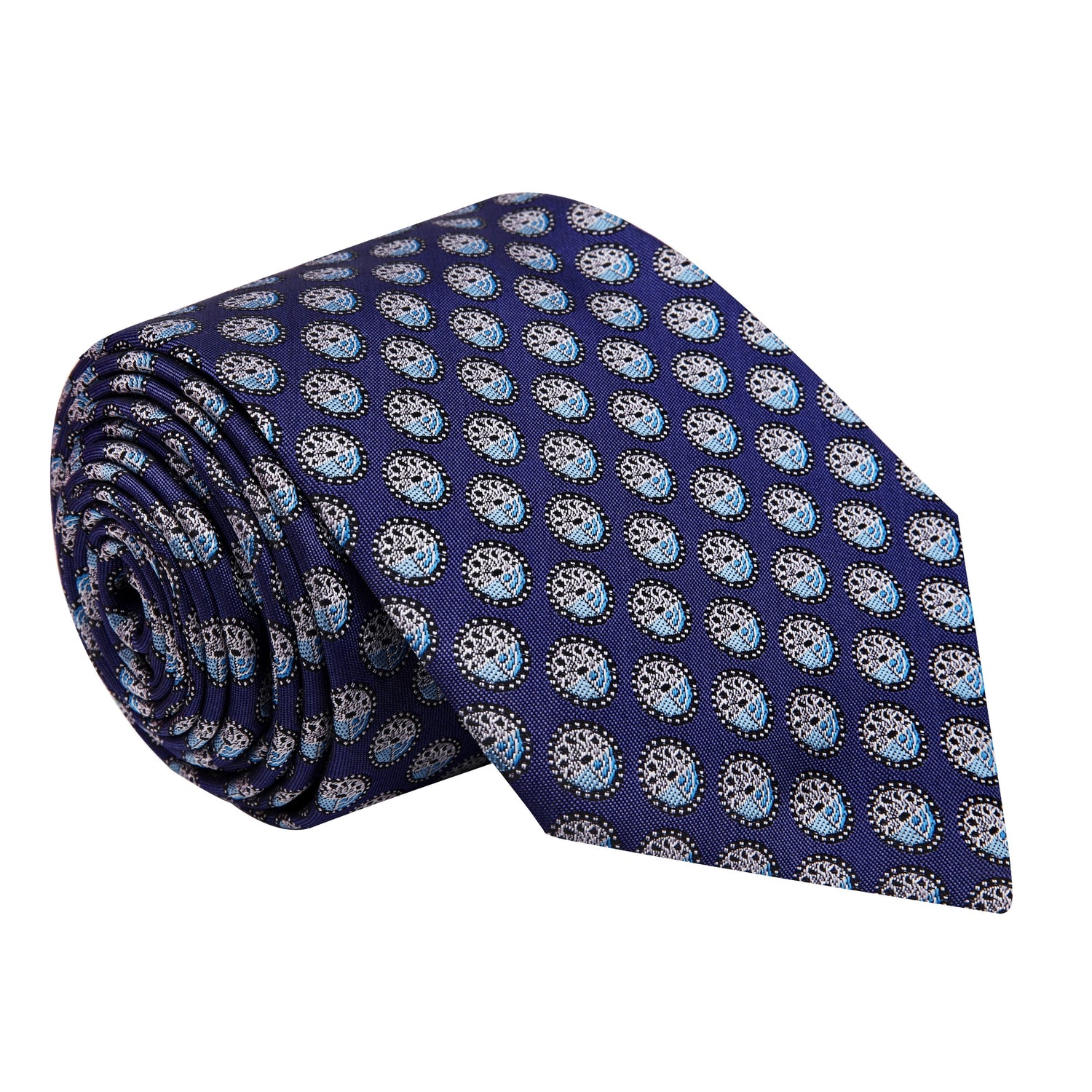 A Purple/Dark Blue, Light Blue Geometric Circles Pattern Silk Necktie 