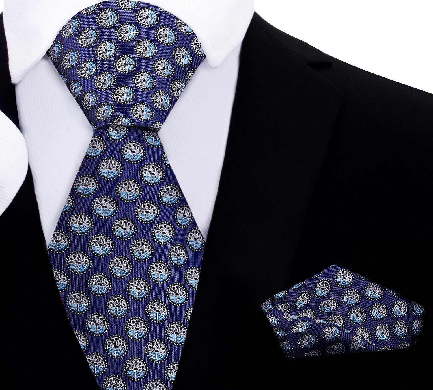 A Purple/Dark Blue, Light Blue Geometric Circles Pattern Silk Necktie, Matching Pocket Square