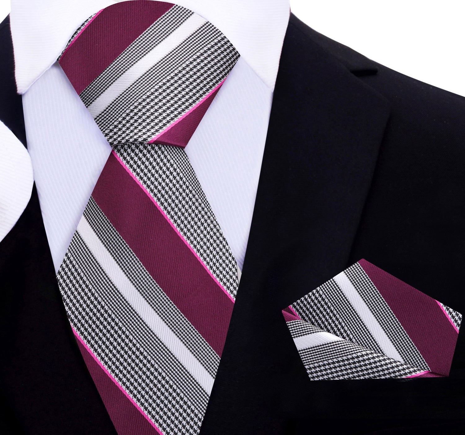 A Plum, Grey, White Color Stripe Pattern Silk Tie, Pocket Square