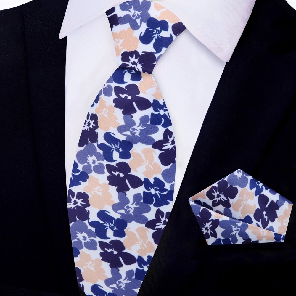 Olive Brown, Light Blue, Dark Green Hibiscus Flowers Thin Tie and Square||Olive Brown