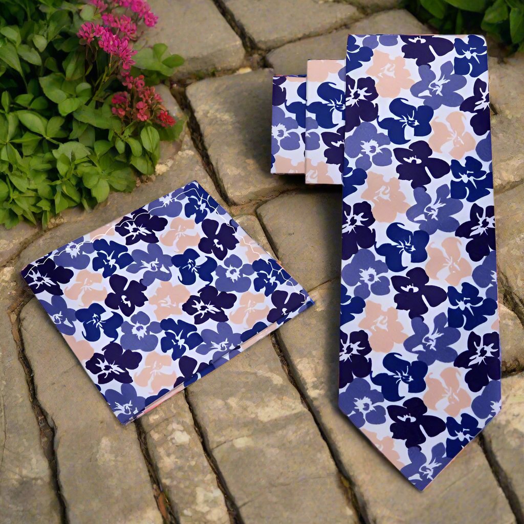 Plum Blue Light Coral Flowers Tie and Square