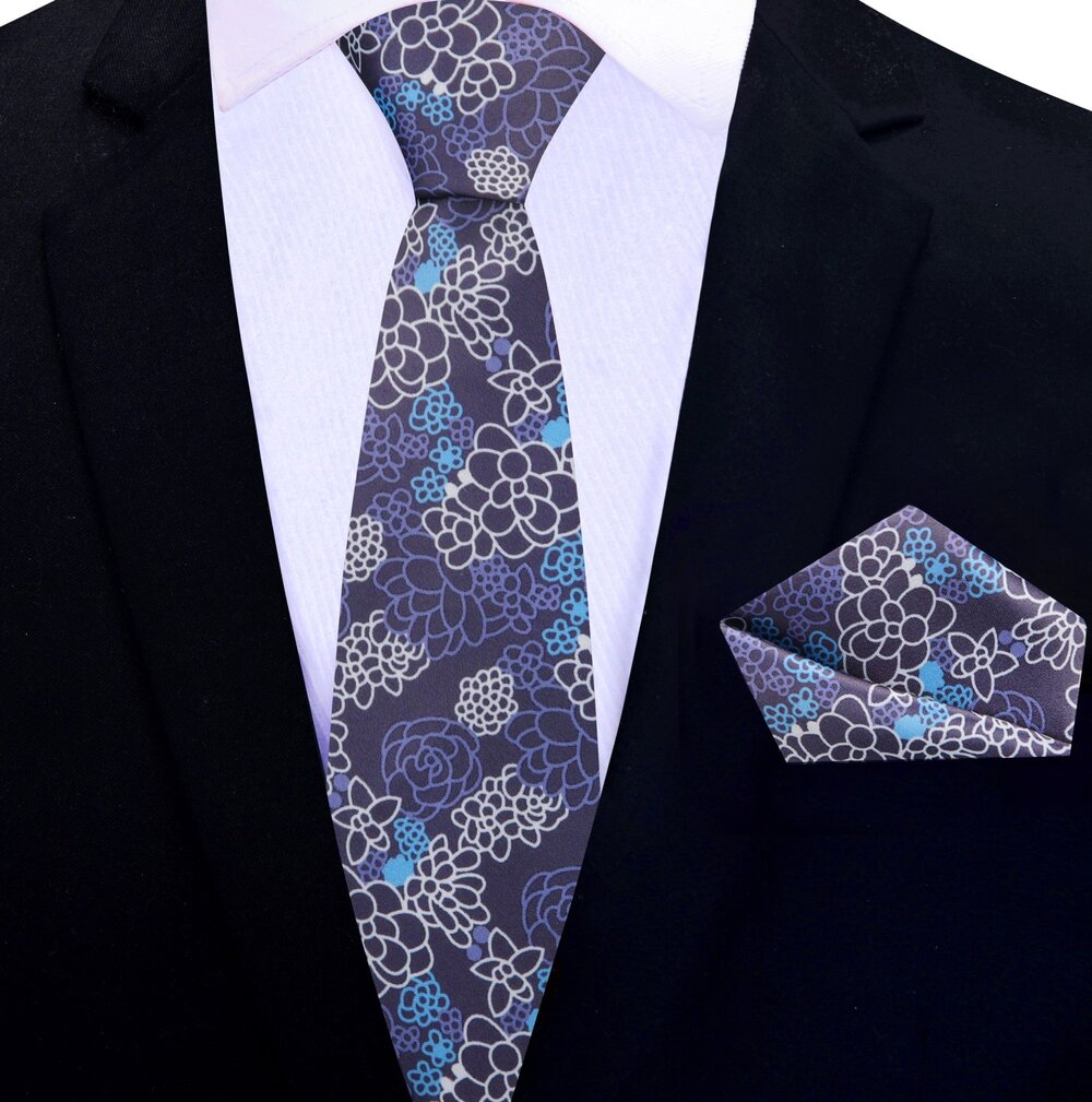 Purple Floral Thin Tie and Pocket Square