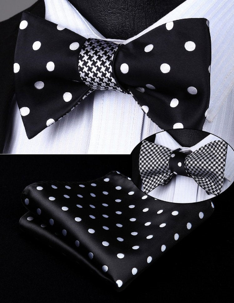 A Black, White Hounds tooth and Polka Pattern Silk Self Tie Bow Tie, Matching Pocket Square and Cuff-links.||Black With White Dots