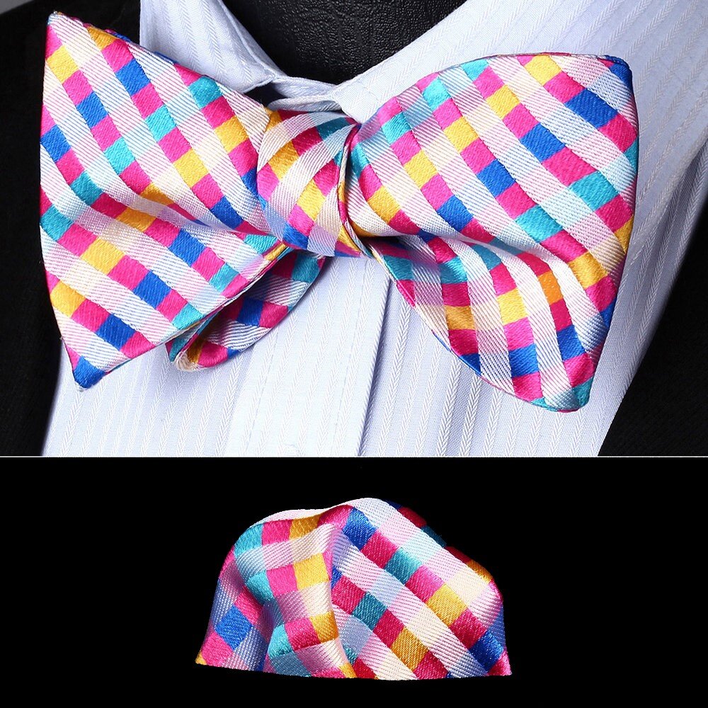 A Light Red, Blue, Light Blue, Yellow, Orange Pattern Silk Self Tie Bow Tie, Matching Pocket Square||Multi with Pink