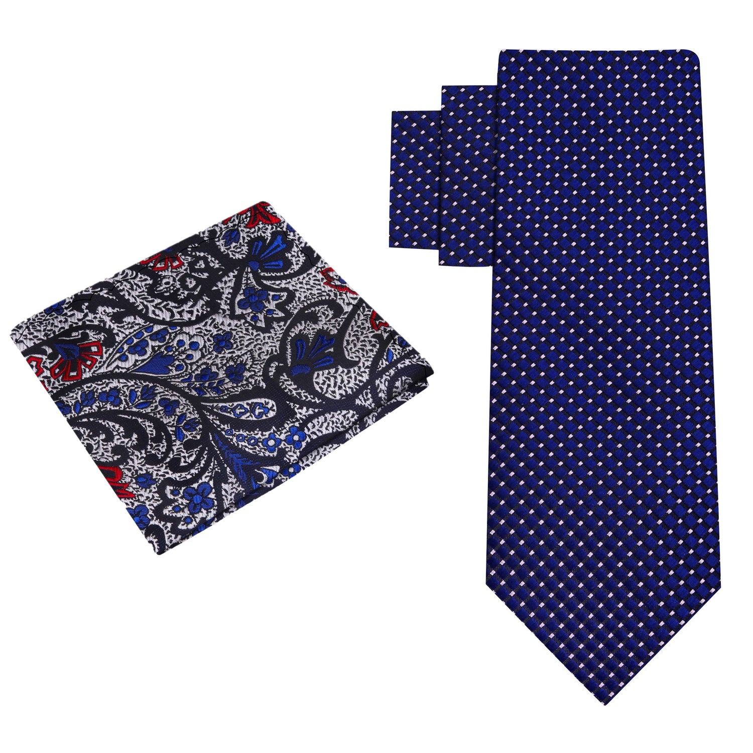 Alt View: A Dark Blue Small Geometric Diamond With Small Dots Pattern Silk Necktie With Silver, Blue, Red Pocket Square