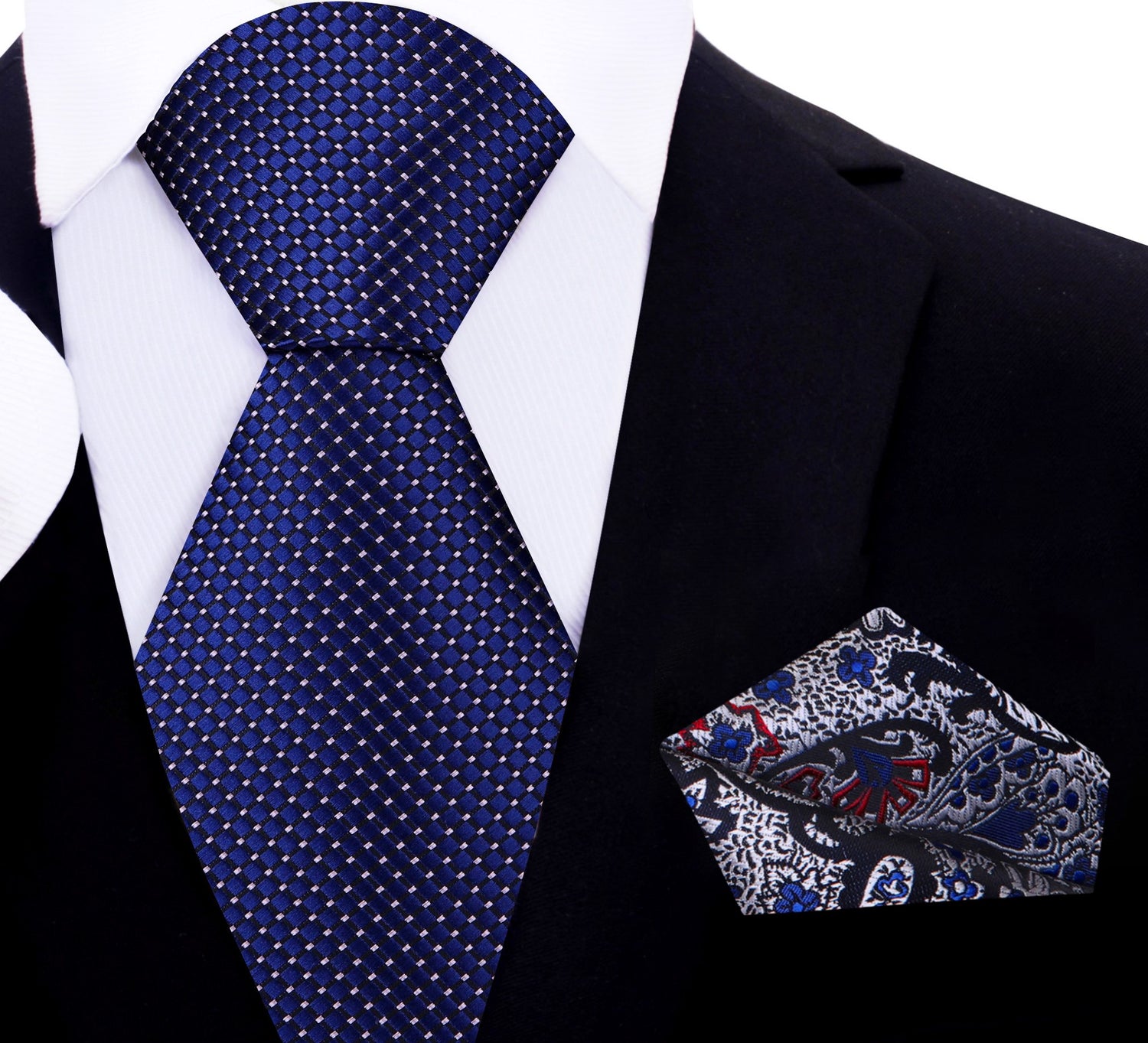 Main View: A Dark Blue Small Geometric Diamond With Small Dots Pattern Silk Necktie With Silver, Blue, Red Pocket Square