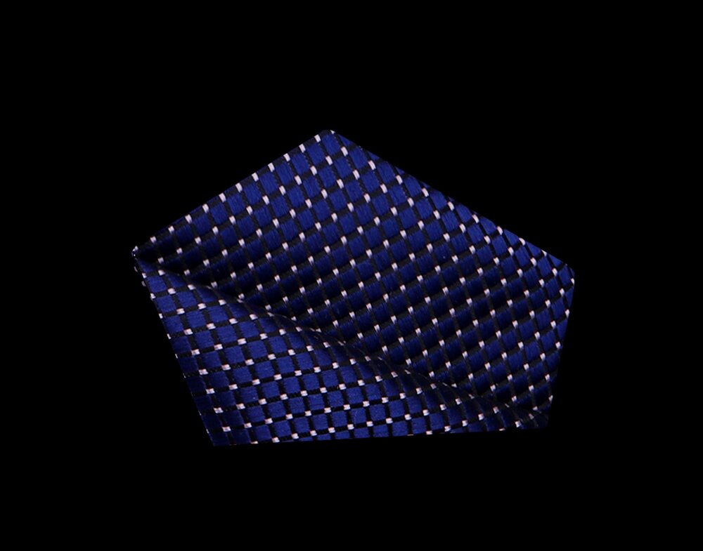 Dark Blue, White Color Small Geometric with Check Pattern Silk Pocket Square||Blue, White
