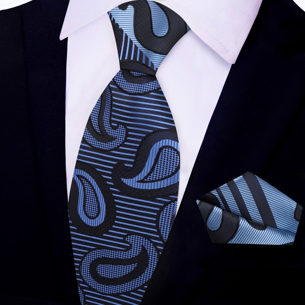 Blue, Black Paisley Tie and Pocket Square