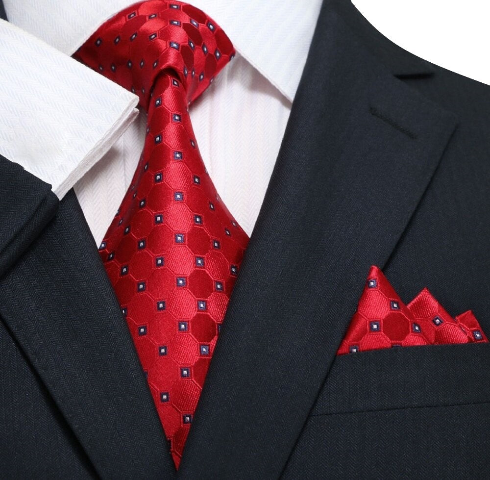 Red, Black Geometric Tie and Pocket Square