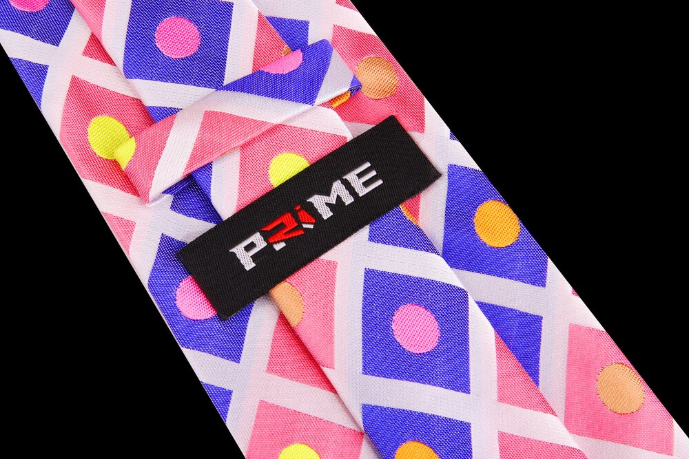 A Bright Pink, Purple, Yellow Geometric Silk Necktie Showing Deion PRIME TIME Sanders Logo On Tie Keep Loop.