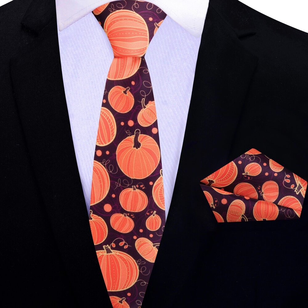 Halloween Tie With Pumpkin Argyle Design - Orange Microfiber Novelty Necktie For Men