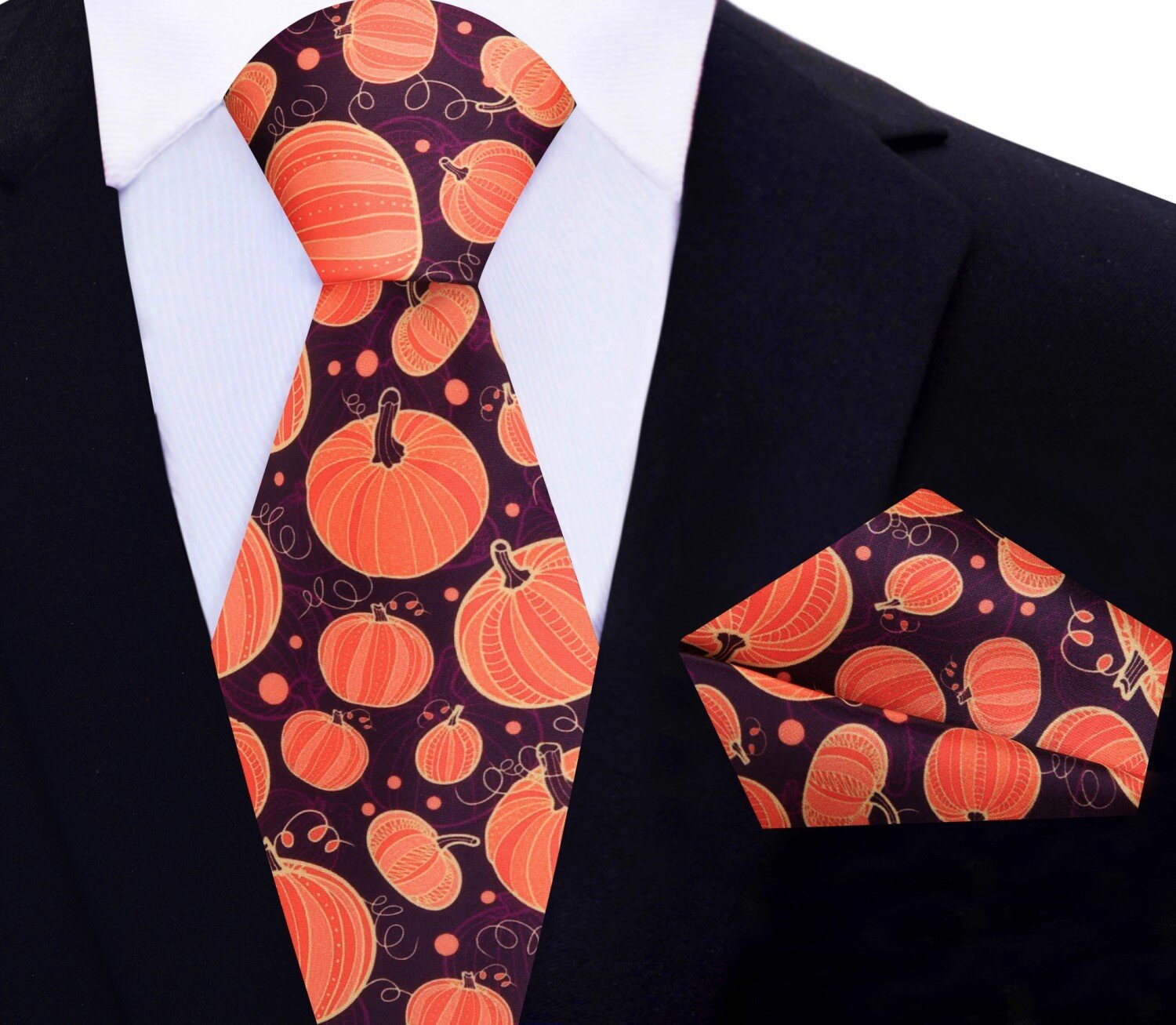 Main View: Brown, Orange, Purple Large Pumpkins Tie and Square