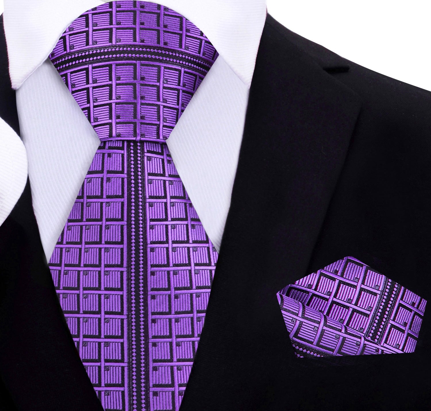 A Purple, Black Geometric Waffle Pattern Silk Necktie, Matching Pocket Square