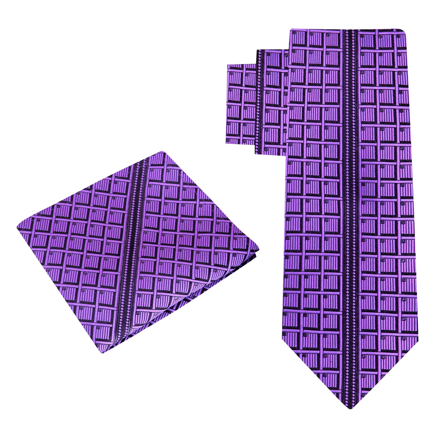 Alt View: A Purple, Black Geometric Waffle Pattern Silk Necktie, Matching Pocket Square